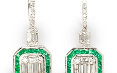 A pair of emerald, diamond and eighteen karat white