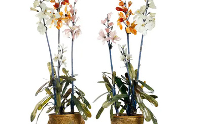 A pair of massive and impressive Chinese hardstone orchids in gilt-bronze jardinières...