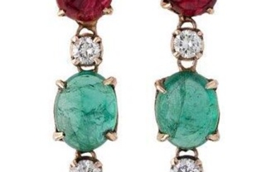 A pair of sapphire, emerald, spinel and diamond drop earrings, each composed of a claw set cabochon sapphire, emerald and spinel, accented with brilliant-cut diamonds, post fittings, length 4cm