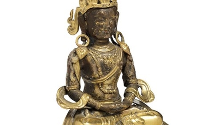 A partly gilt copper repoussé figure of Amitayus. Mongolia, 17th-18th century. Weight 592 g. H. 17.5 cm.