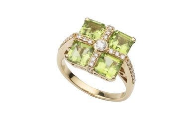 A peridot and diamond dress ring, the four square cut...