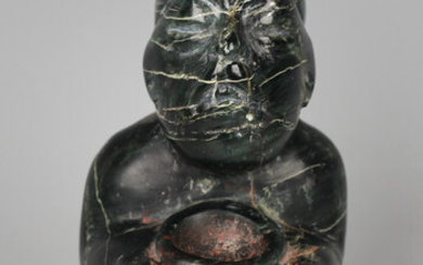 A pre-Columbian Olmec style carved variegated dark green hardstone stargazer figure, probably 900-45