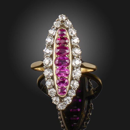 A ruby and diamond lozenge-shaped cluster ring
