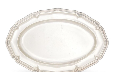 A shaped oval serving plate, stamped Jezler 800, designed with reeded rim and shallow step to flat base, 34.7cm long, approx. weight 39.6oz