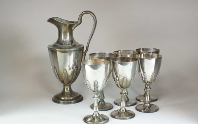 A silver wine ewer and six silver goblets