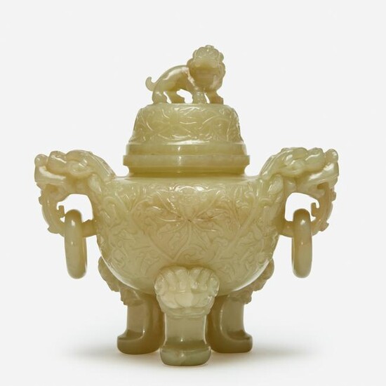 A small Chinese pale celadon jade tripod censer and