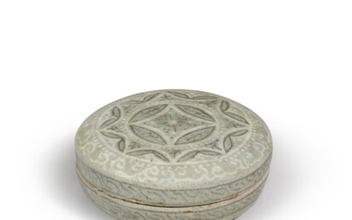 A small inlaid celadon-glazed cosmetic box and cover, Koryo dynasty, 12th/13th century | 高麗 十二/十三世紀 青釉圓蓋盒, A small inlaid celadon-glazed cosmetic box and cover, Koryo dynasty, 12th/13th century | 高麗 十二/十三世紀 青釉圓蓋盒