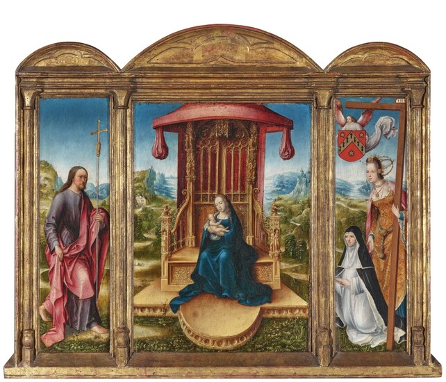 A triptych: The Virgin and Child enthroned in a landscape contiguous with the wings (central panel); Saint Philip (left wing); St Helen and a Donatrix in the habit of a Benedictine nun (right wing) |...