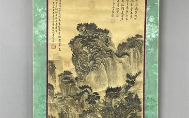 A vertical scroll of A Chinese ink and silk landscape painting by Wang Meng