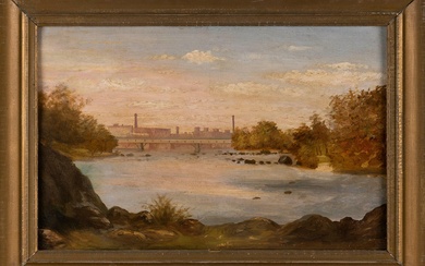 A view across a river to factory buildings. Believed to be Lowell, Massachusetts.