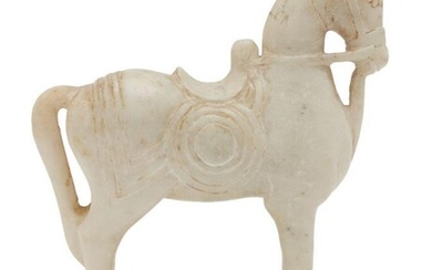 A white marble standing horse on plinth,...