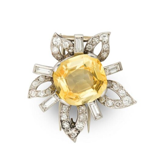 A yellow sapphire, diamond and platinum brooch, Cartier