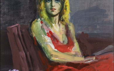 ALBERTO SUGHI (1928-2012) Senza titolo (Donna con vestito rosso) olio su tela...