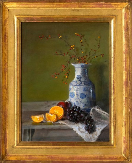 AMERICAN SCHOOL, Late 20th Century, Still life of fruit and bittersweet., Oil on canvas, 16" x 12". Framed 21.5" x 17.25".