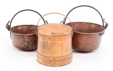 AMERICAN SUGAR BUCKET AND TWO COPPER KETTLES.