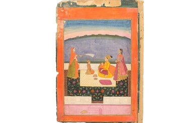 AN ALBUM PAGE DEPICTING A RAJA AND A YOUNG PRINCE ON A TERRACE Northern India, late 19th - 20th century