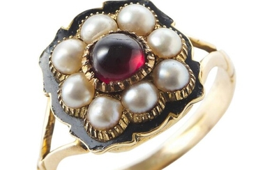AN ANTIQUE GARNET, ENAMEL AND SEED PEARL MOURNING RING