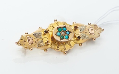 AN ANTIQUE SEED PEARL AND TURQUOISE BROOCH IN 9CT GOLD, WITH GLAZED REVERSE, HALLMARKED BIRMINGHAM 1898