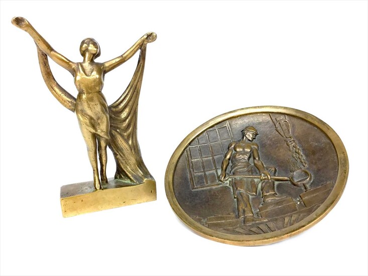 AN ART DECO STYLE BRONZE FIGURE AND A PLAQUE