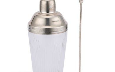 AN ART DECO STYLE SILVER-MOUNTED CUT-GLASS COCKTAIL SHAKER AND MUDDLER