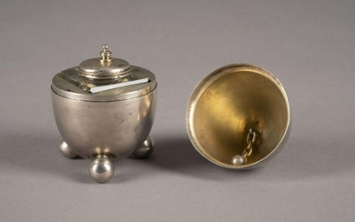 AN EGG-SHAPED INKWELL AND TABLE BELL