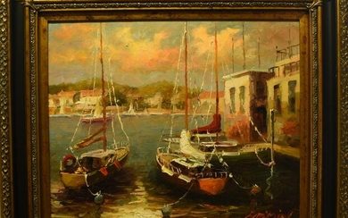 AN OIL PAINTING OF BOATS IN HARBOR