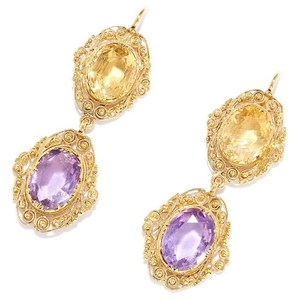 ANTIQUE CITRINE AND AMETHYST EARRINGS in 18ct yellow