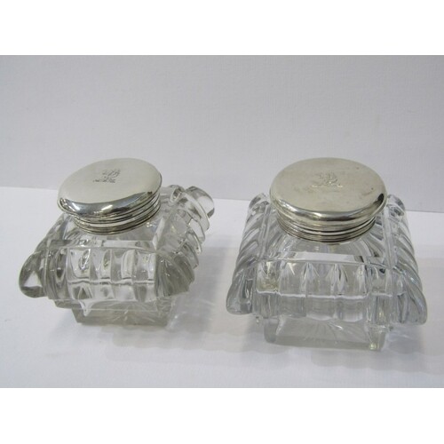 ANTIQUE INKWELLS, pair of silver mounted cut glass square fo...