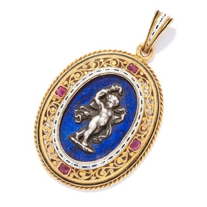 ANTIQUE LAPIS LAZULI, RUBY AND ENAMEL PENDANT in high