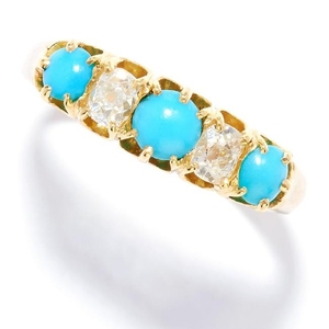 ANTIQUE TURQUOISE AND DIAMOND RING in 18ct yellow gold