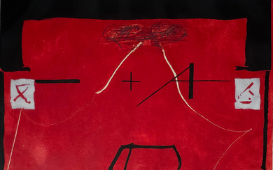 ANTONI TÀPIES. UNTITLED, “THE KING OF MAGIC”, 1986. ETCHING ON PAPER NUMBERED 40/50. DEDICATED BY JOAN BROSSA.