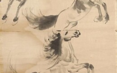 APRÈS XU BEIHONG (20e SIÈCLE) GALLOPING HORSES Une peinture chinoise en rouleau, encre sur papier,...