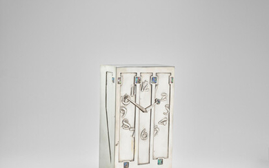 ARCHIBALD KNOX (1864-1933) Tudric Mantel Clockcirca 1902-1905model no. 095, pewter, mother of pearl, with French eight-day movement, base stamped 'TUDRIC 095', with keyheight 13 3/4in (35cm); width 7 1/4in (18.5cm); depth 4 1/8in (10.5cm)