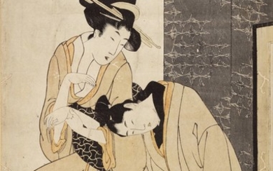 ATTRIBUTED TO KITAGAWA UTAMARO I, (1750S–1806), EDO PERIOD, LATE 18TH CENTURY | A COURTESAN SUPPORTING A SORROWFUL YOUNG MAN IN FRONT OF A SCREEN