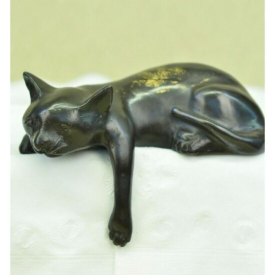 After Mene, Recumbent Cat Bronze Desk Sculpture