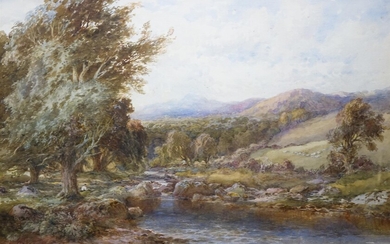 Albert Pollitt (1856-1926), Engels landschap met herder bij riviertje en...