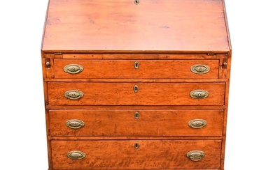 American Slant Front Cherry & Pine Desk, 18th c, Fitted Interior Over 4 Graduated Drawers on 3