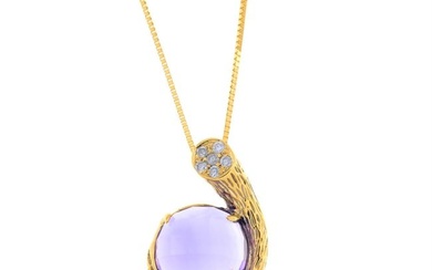 Amethyst & diamond textured pendant, with 18ct gold chain