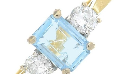 An 18ct gold aquamarine and diamond three-stone ring.