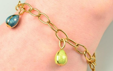 An 18ct gold enamel egg charm bracelet, by FabergÃ©.Hallmarks for Edinburgh. Length 19cms. 22gms.