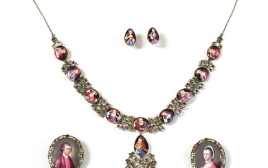 An 18th century enamel portrait miniature necklace, earrings and pair of clasps, cased suite