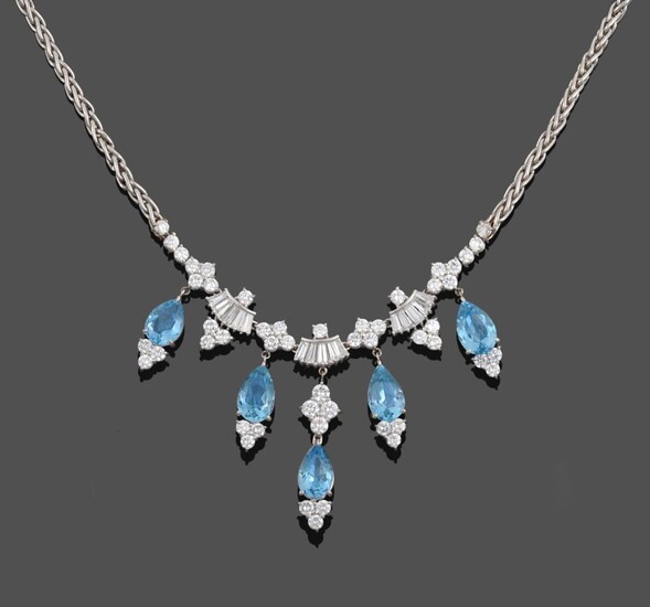 An Aquamarine and Diamond Necklace, four clusters of four round brilliant cut diamonds...