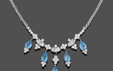 An Aquamarine and Diamond Necklace, four clusters of four round...