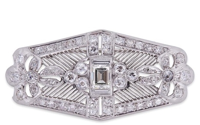 An Art Deco platinum and diamond brooch centering a...