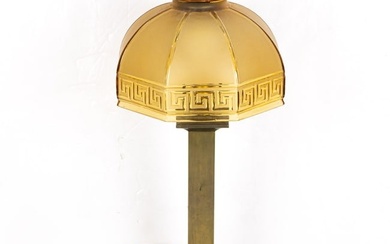 An Arts and Crafts glass and brass table lamp