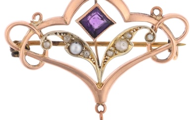 An Edwardian 9ct rose gold amethyst and pearl openwork brooc...