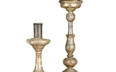An Italian carved and silvered wood tripod pricket candlestick, 18th/19th century
