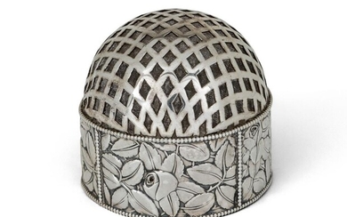 An early 20th century Austro-Hungarian pincushion by the Wiener WerkstÃ¤tte, Vienna, c.1905, with Diana stamp for 900 standard silver, the cylindrical base designed with leaf and rose pattern within beaded borders to a trellis pierced domed...