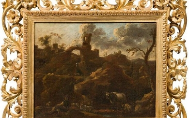 An oil painting - Herders in rocky Italian landscape