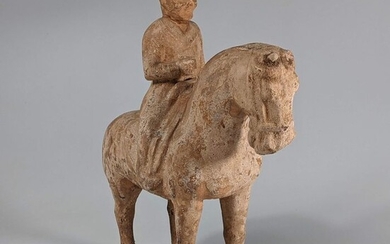 Ancient Chinese, Northern Wei Terracotta Horse & Rider Statue - 32×25×10 cm